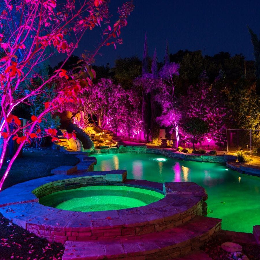 color changing outdoor lights on trees surrounding a pool and a hot tub in Ponte Vedra beach